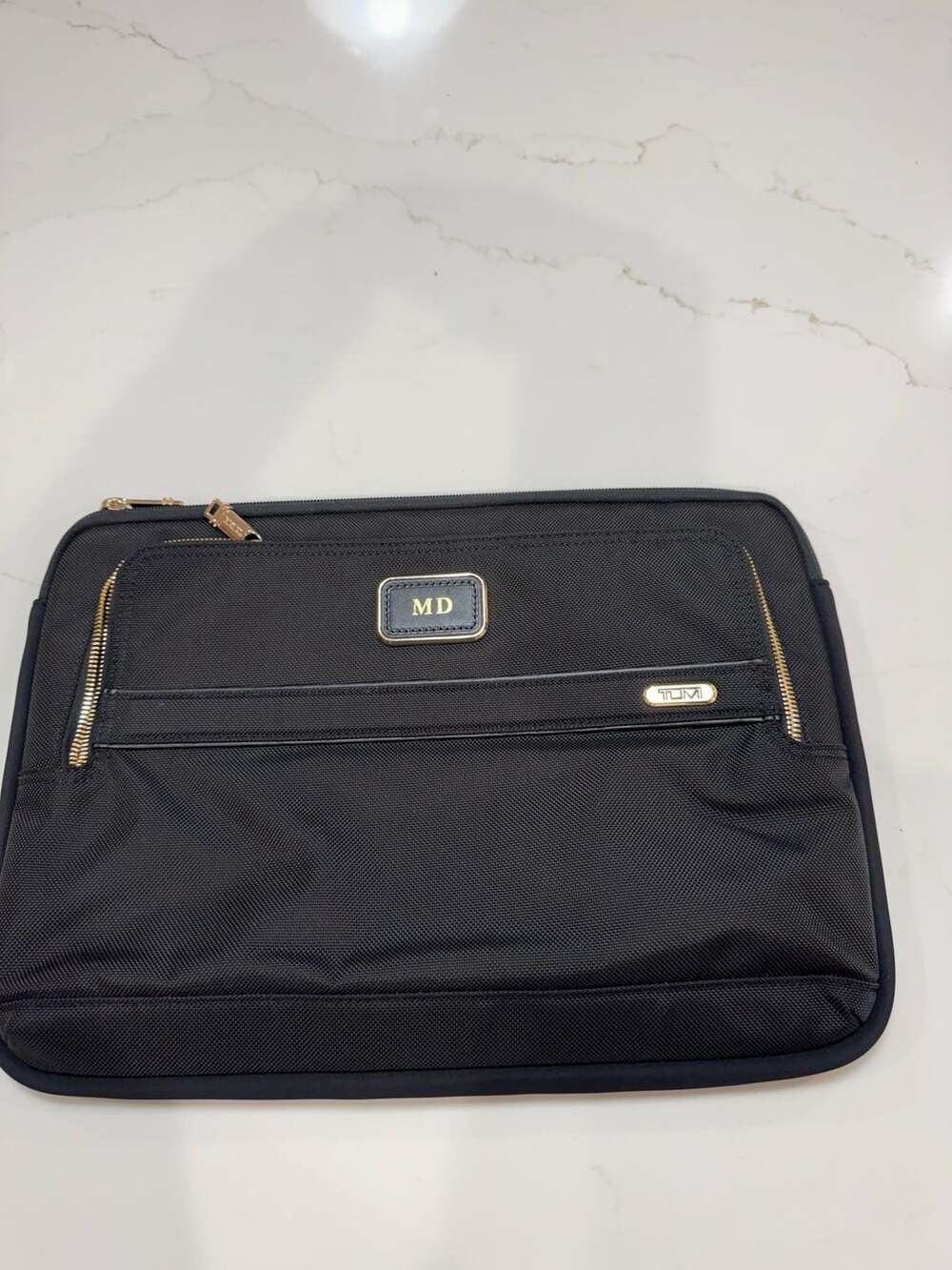 Tumi Voyageur Laptop Sleeve Black Gold Hardware Monogrammed MD
